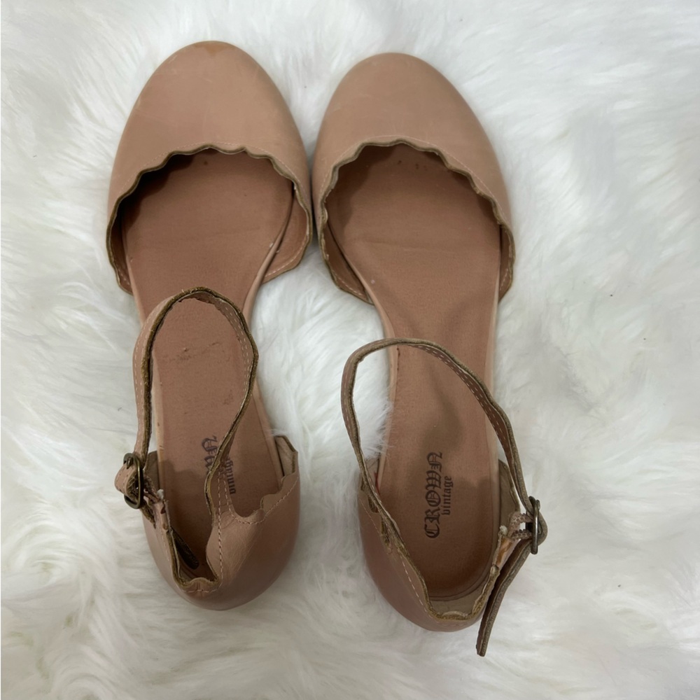 Crown Vintage Nude Leather Scalloped Flat Ankle Buckle Shoe Chantel